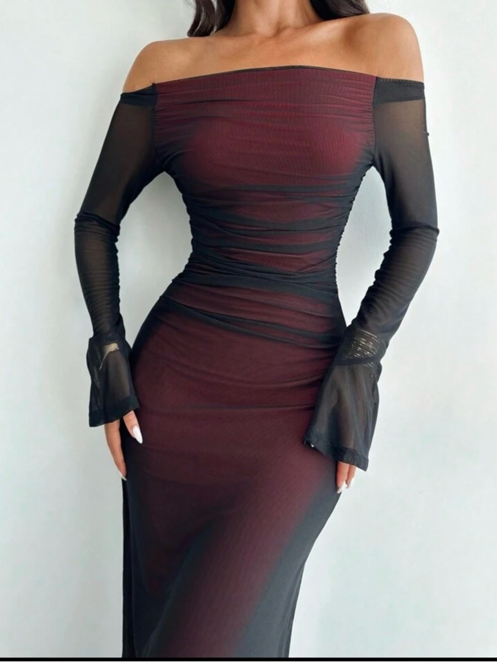 Off-Shoulder Long Sleeve Burgundy Mesh Maxi Dress